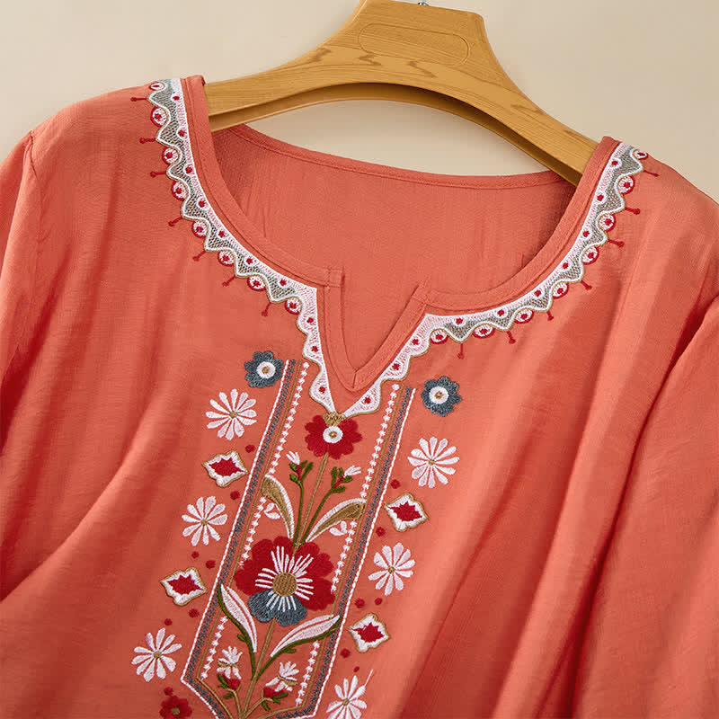 Nimara Ritual Spring Boho Embroidered Elbow-Length Sleeve Women's T-Shirts