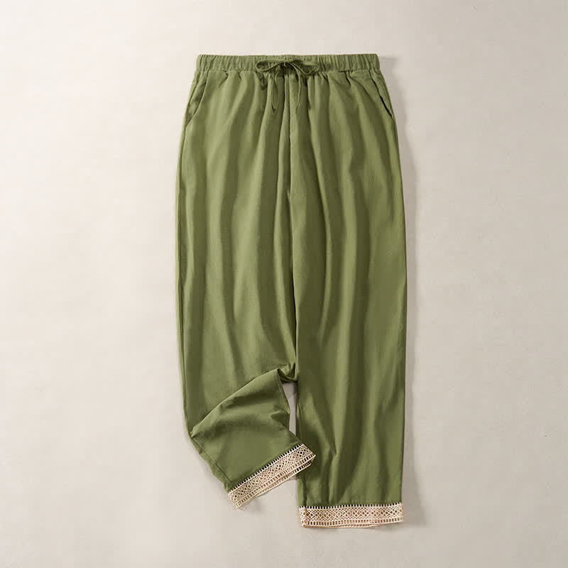 Nimara Ritual Summer Lace-trimmed Hem Solid Color Women's Tapered Pants With Pockets