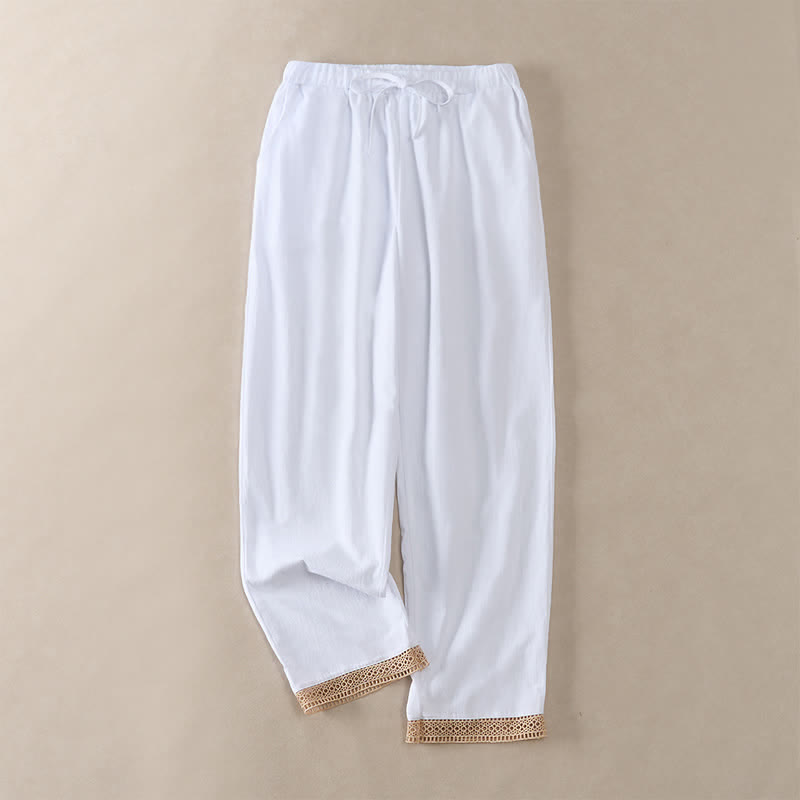 Nimara Ritual Summer Lace-trimmed Hem Solid Color Women's Tapered Pants With Pockets