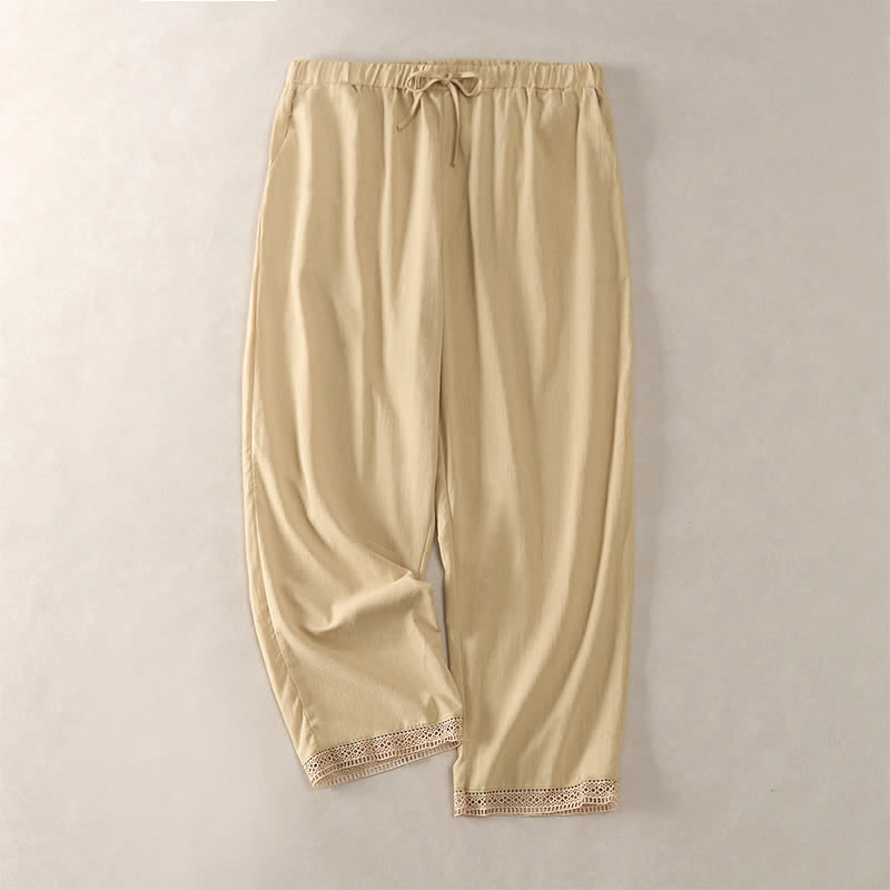 Nimara Ritual Summer Lace-trimmed Hem Solid Color Women's Tapered Pants With Pockets