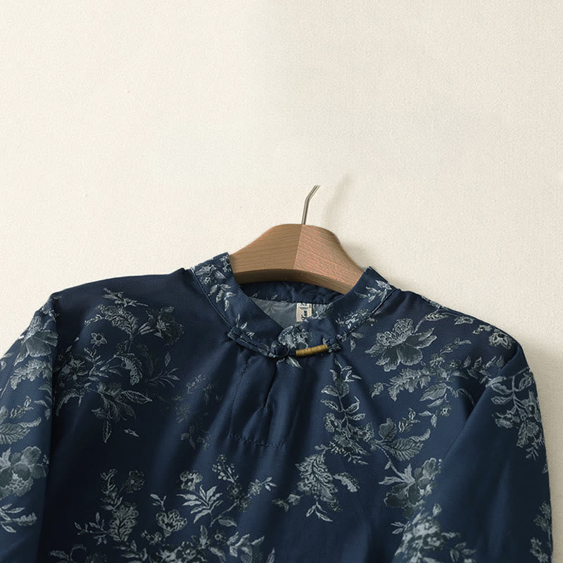 Nimara Ritual Stand Collar Frog-Button Floral Print Pattern Short Sleeve Mini Dress