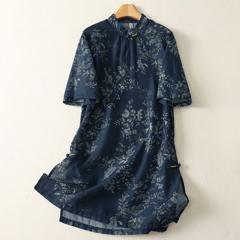 Nimara Ritual Stand Collar Frog-Button Floral Print Pattern Short Sleeve Mini Dress