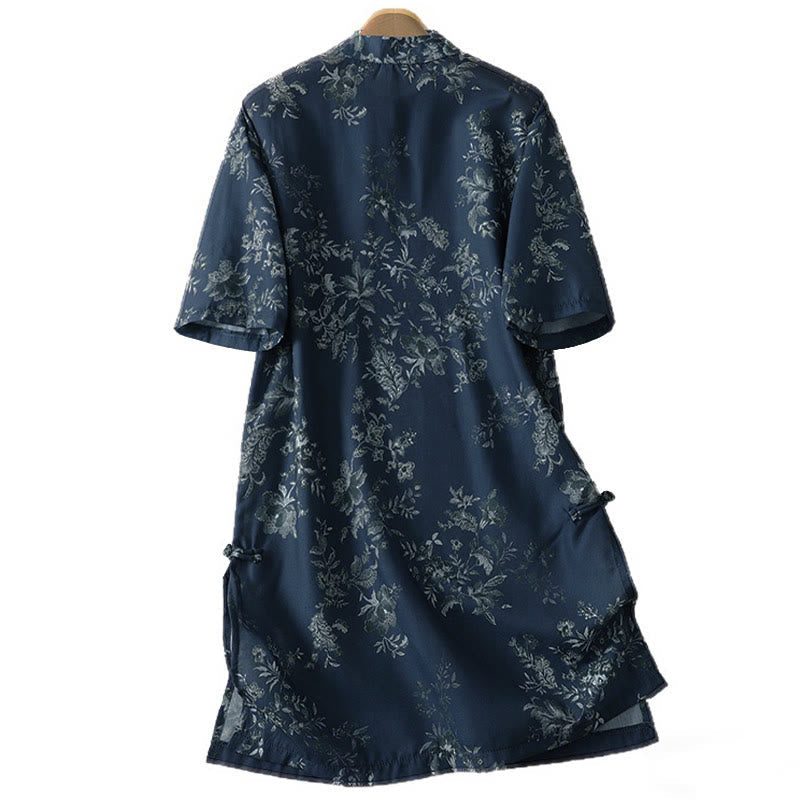 Nimara Ritual Stand Collar Frog-Button Floral Print Pattern Short Sleeve Mini Dress