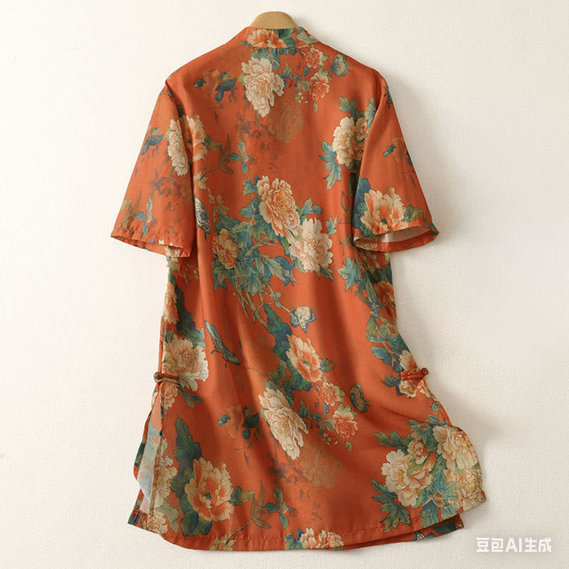 Nimara Ritual Stand Collar Frog-Button Floral Print Pattern Short Sleeve Mini Dress