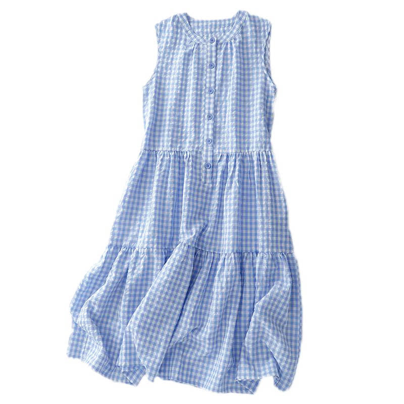 Nimara Ritual Crew Neck Sleeveless Plaid Summer Cotton Knee Length Dress