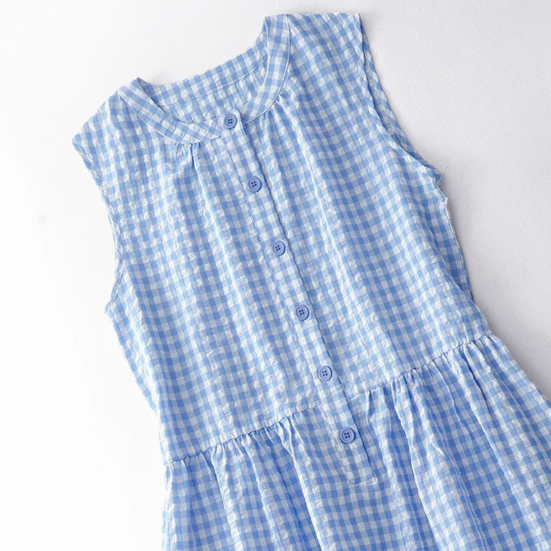 Nimara Ritual Crew Neck Sleeveless Plaid Summer Cotton Knee Length Dress