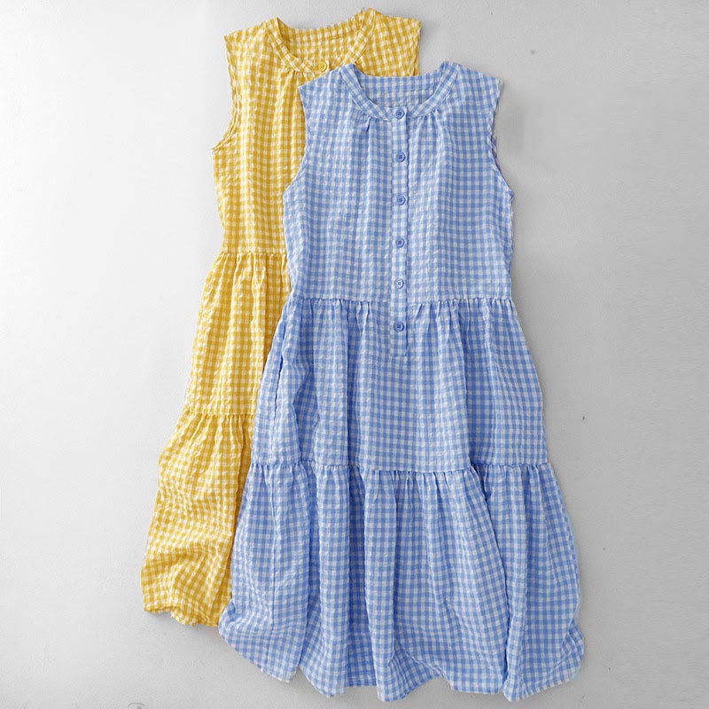 Nimara Ritual Crew Neck Sleeveless Plaid Summer Cotton Knee Length Dress