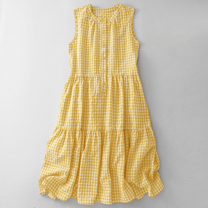 Nimara Ritual Crew Neck Sleeveless Plaid Summer Cotton Knee Length Dress