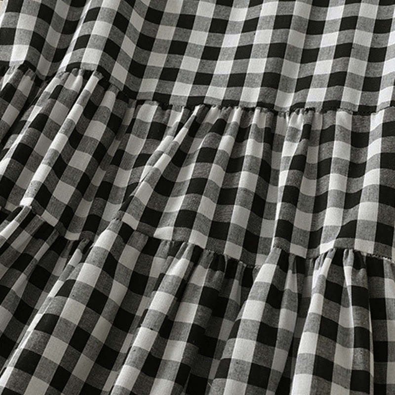 Nimara Ritual Casual V-neck Short Sleeve Cotton Plaid Summer Midi Dress