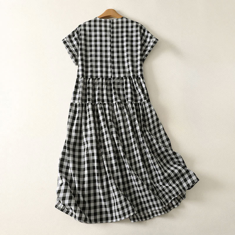 Nimara Ritual Casual V-neck Short Sleeve Cotton Plaid Summer Midi Dress