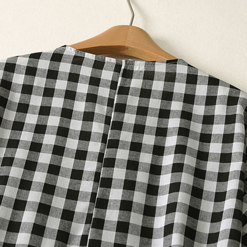 Nimara Ritual Casual V-neck Short Sleeve Cotton Plaid Summer Midi Dress