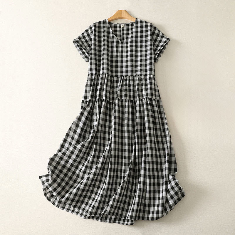 Nimara Ritual Casual V-neck Short Sleeve Cotton Plaid Summer Midi Dress