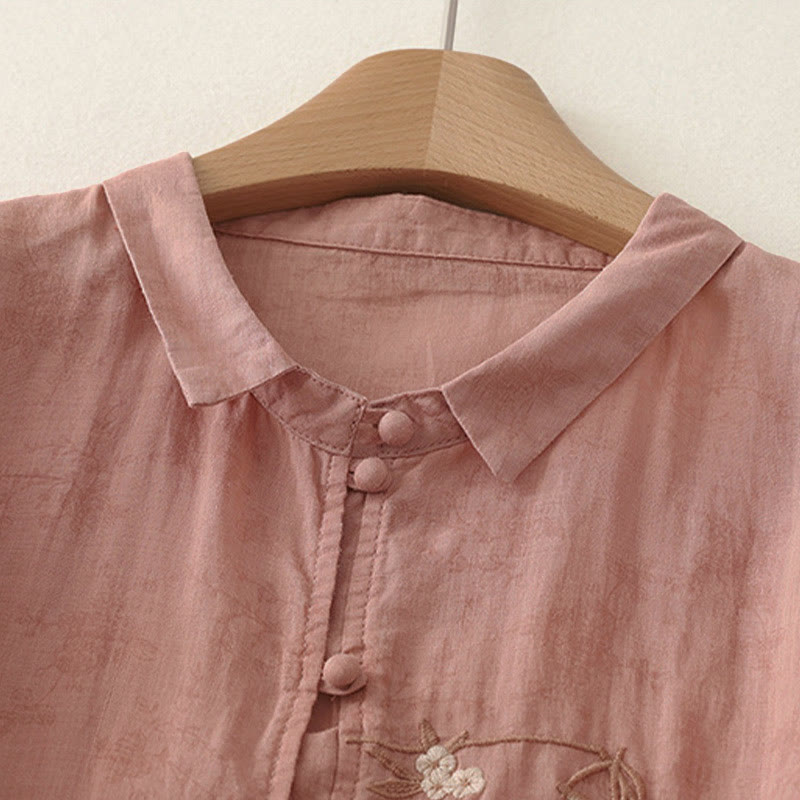 Nimara Ritual Stand Collar Embroidery Button Design Three Quarter Sleeve Summer Women's Shirt