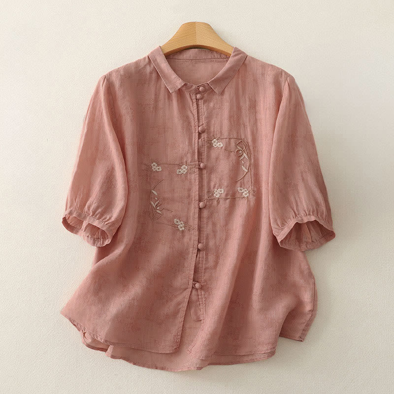 Nimara Ritual Stand Collar Embroidery Button Design Three Quarter Sleeve Summer Women's Shirt