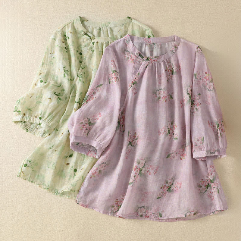 Nimara Ritual Crew Neck Casual Frog-Button Floral Print Pattern Blouse Half Sleeve Women's Shirts