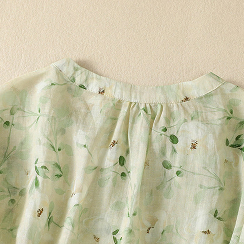 Nimara Ritual Crew Neck Casual Frog-Button Floral Print Pattern Blouse Half Sleeve Women's Shirts