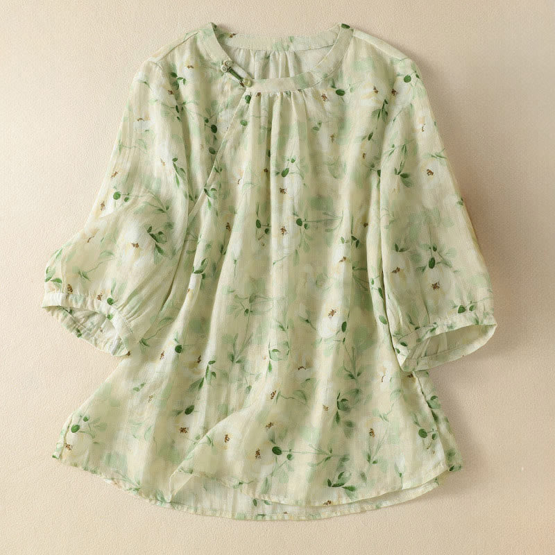 Nimara Ritual Crew Neck Casual Frog-Button Floral Print Pattern Blouse Half Sleeve Women's Shirts