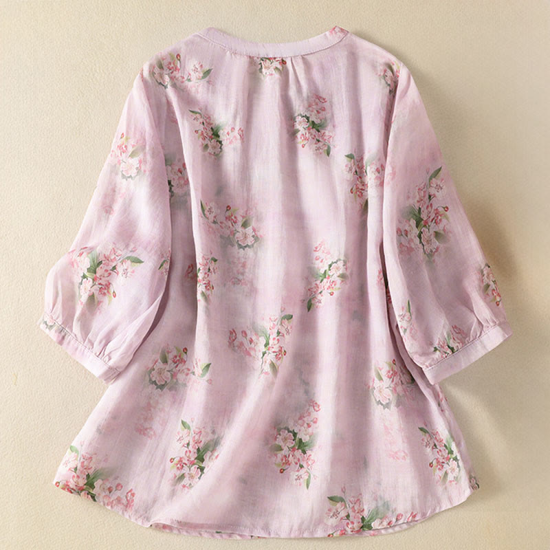 Nimara Ritual Crew Neck Casual Frog-Button Floral Print Pattern Blouse Half Sleeve Women's Shirts