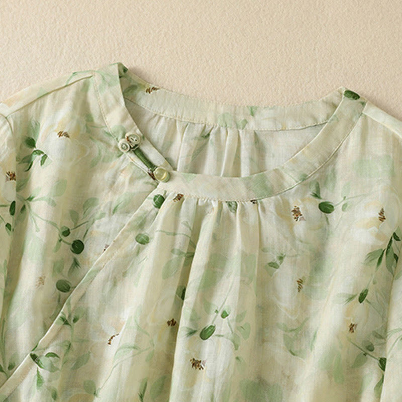 Nimara Ritual Crew Neck Casual Frog-Button Floral Print Pattern Blouse Half Sleeve Women's Shirts