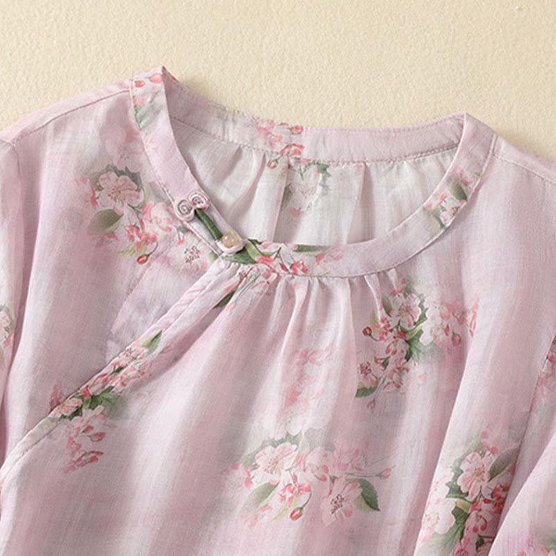 Nimara Ritual Crew Neck Casual Frog-Button Floral Print Pattern Blouse Half Sleeve Women's Shirts