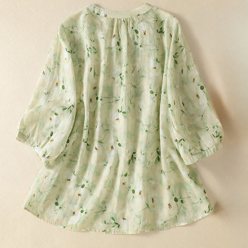 Nimara Ritual Crew Neck Casual Frog-Button Floral Print Pattern Blouse Half Sleeve Women's Shirts