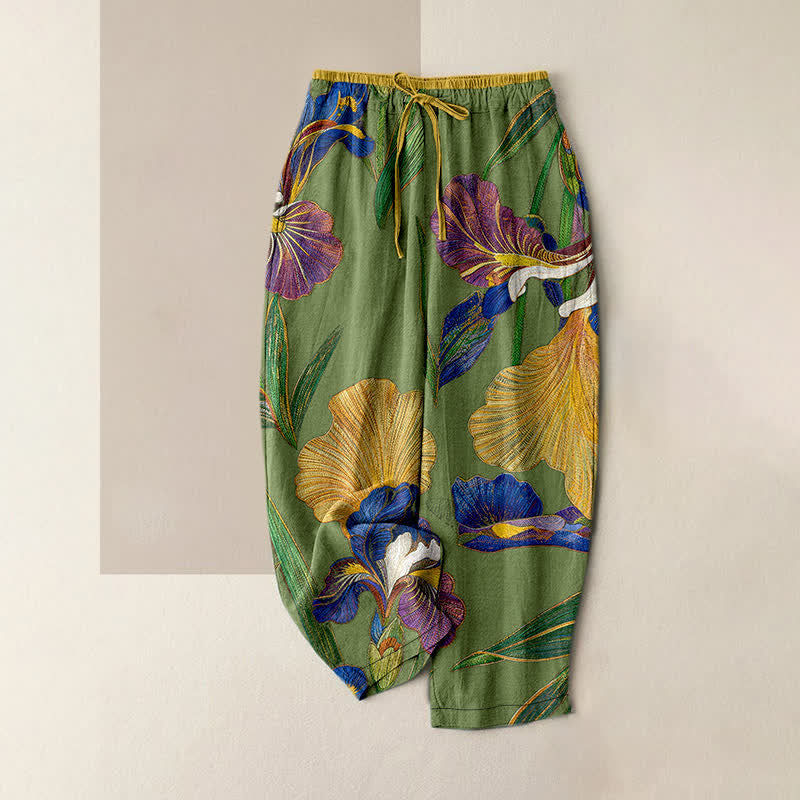 Nimara Ritual Cotton Colorful Iris Floral Elastic Waist Drawstring Women's Pants With Pockets