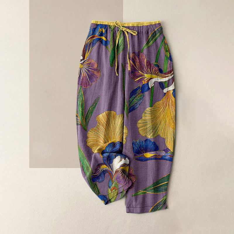 Nimara Ritual Cotton Colorful Iris Floral Elastic Waist Drawstring Women's Pants With Pockets