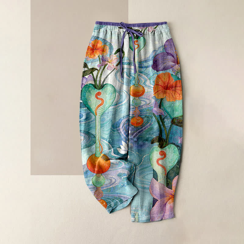 Nimara Ritual Flower Pattern Drawstring Elastic Waist Women's Cotton Pants With Pockets