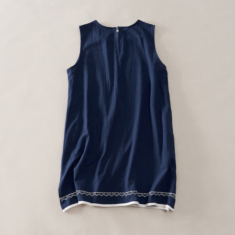 Nimara Ritual Summer Embroidery Hem Back Zipper Design Sleeveless Solid Color Mini Dress With Pockets
