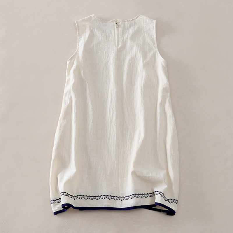 Nimara Ritual Summer Embroidery Hem Back Zipper Design Sleeveless Solid Color Mini Dress With Pockets