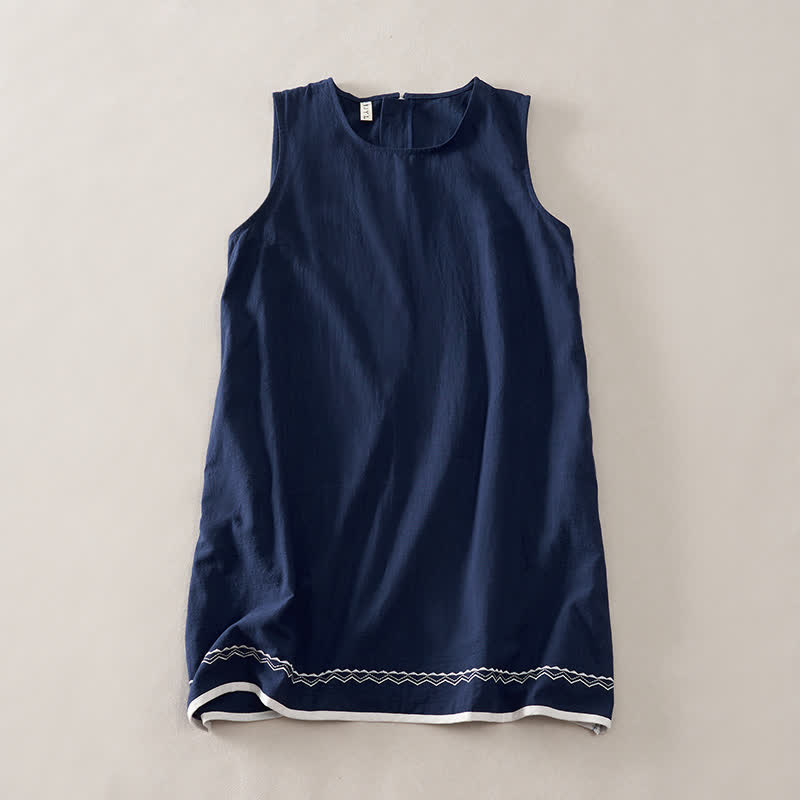 Nimara Ritual Summer Embroidery Hem Back Zipper Design Sleeveless Solid Color Mini Dress With Pockets