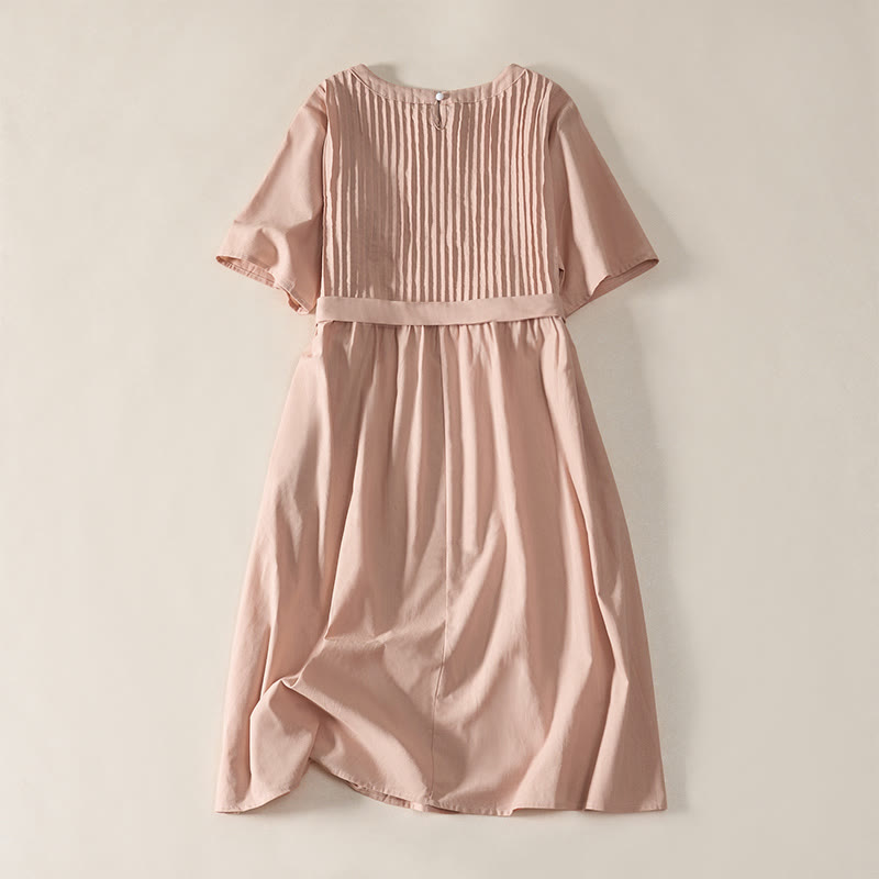 Nimara Ritual Summer Pintuck A Line Knee Length Women's Short Sleeve Dress With Tie Waist Bow