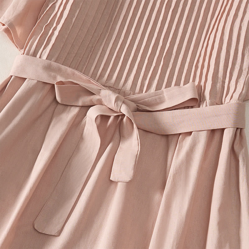 Nimara Ritual Summer Pintuck A Line Knee Length Women's Short Sleeve Dress With Tie Waist Bow