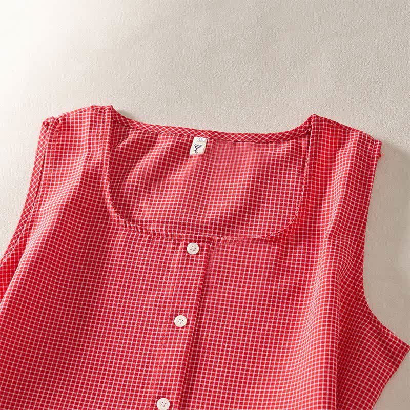 Nimara Ritual Summer Coral Gingham Sleeveless A Line Vacation Casual Knee Length Dress With Pockets