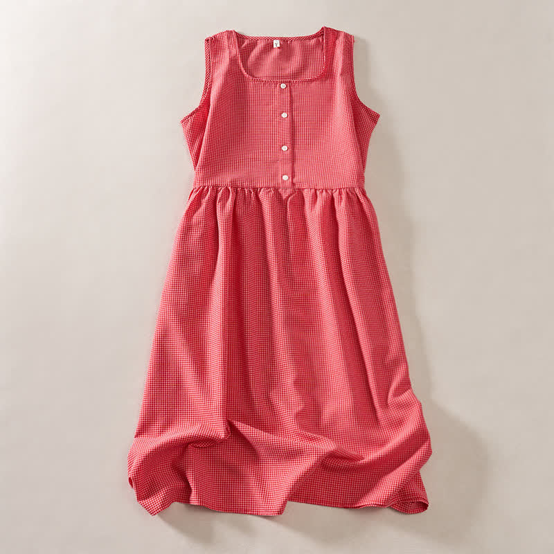 Nimara Ritual Summer Coral Gingham Sleeveless A Line Vacation Casual Knee Length Dress With Pockets