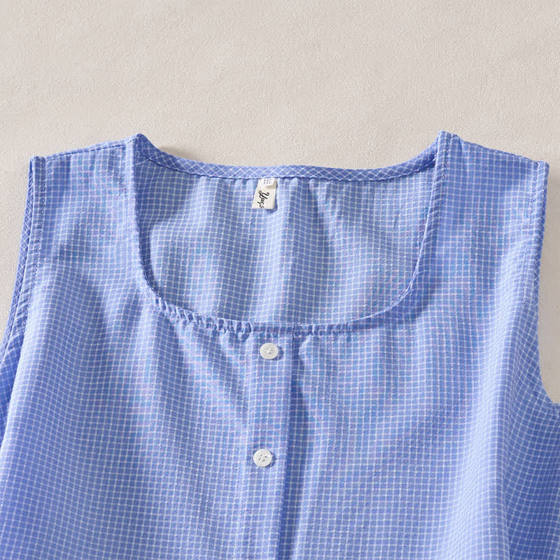 Nimara Ritual Summer Coral Gingham Sleeveless A Line Vacation Casual Knee Length Dress With Pockets