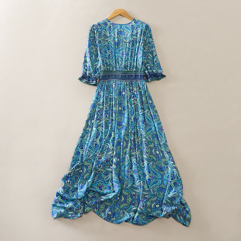 Nimara Ritual Summer Peacock Paisley Tie Waist Viscose Lantern Sleeves Maxi Dress