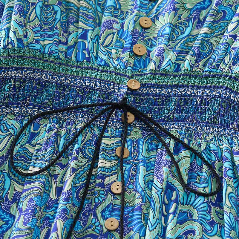 Nimara Ritual Summer Peacock Paisley Tie Waist Viscose Lantern Sleeves Maxi Dress