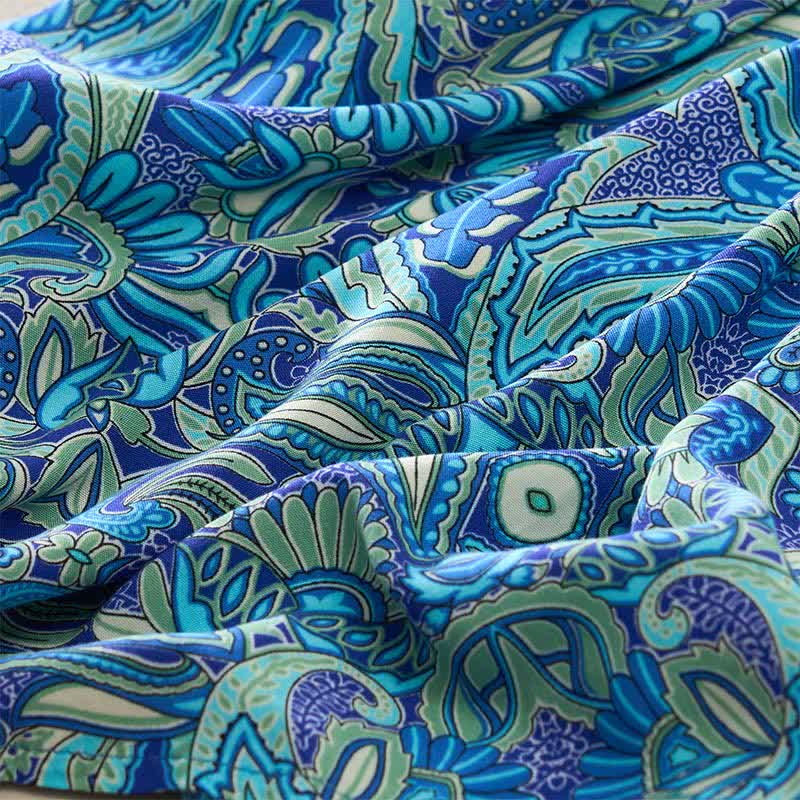 Nimara Ritual Summer Peacock Paisley Tie Waist Viscose Lantern Sleeves Maxi Dress