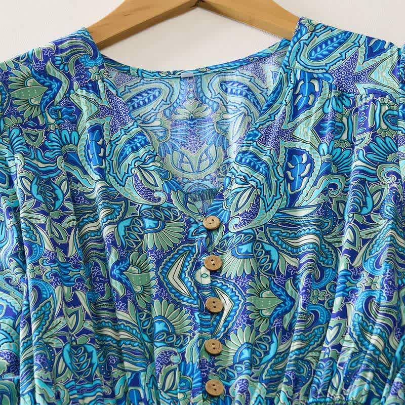 Nimara Ritual Summer Peacock Paisley Tie Waist Viscose Lantern Sleeves Maxi Dress