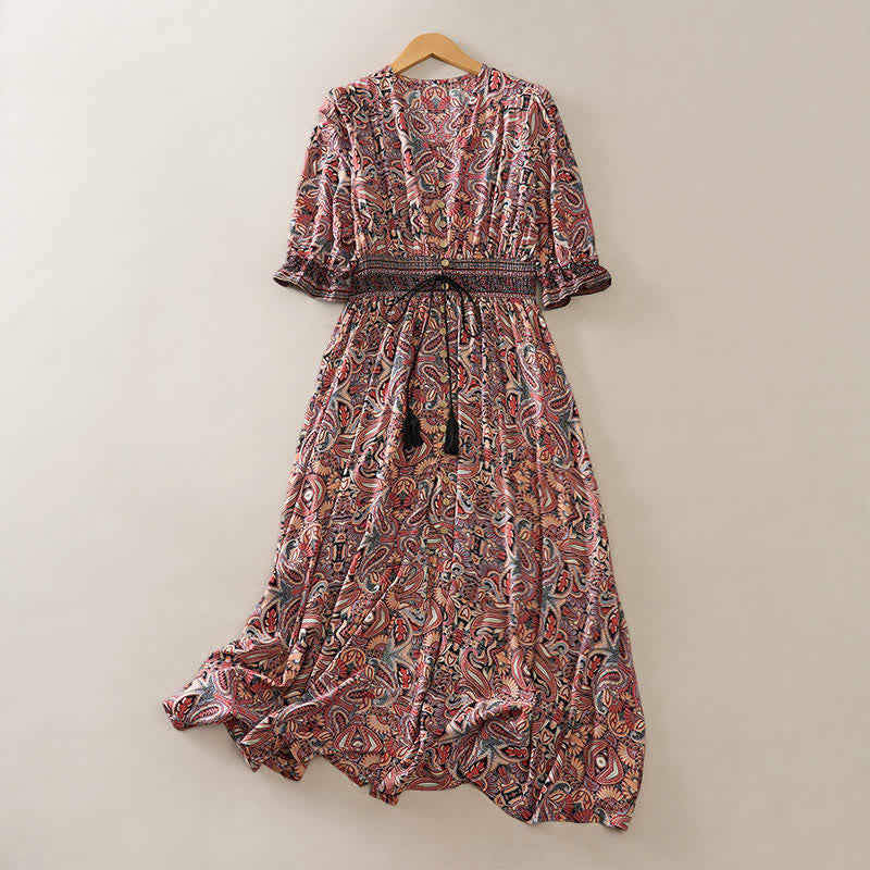 Nimara Ritual Summer Peacock Paisley Tie Waist Viscose Lantern Sleeves Maxi Dress
