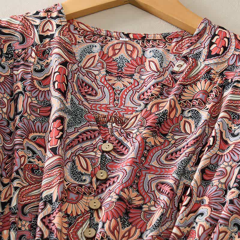 Nimara Ritual Summer Peacock Paisley Tie Waist Viscose Lantern Sleeves Maxi Dress