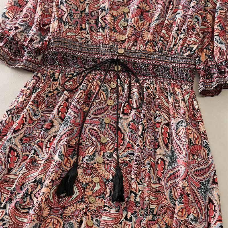 Nimara Ritual Summer Peacock Paisley Tie Waist Viscose Lantern Sleeves Maxi Dress