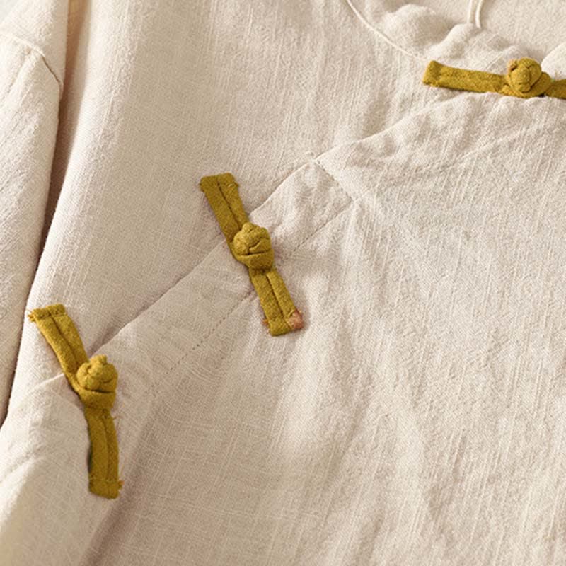 Nimara Ritual Spring Frog-Button Knee Length Cotton Women's Short Sleeve Dress With Pockets