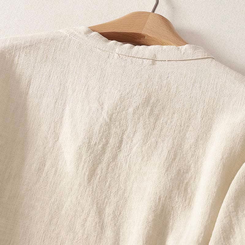 Nimara Ritual Spring Frog-Button Knee Length Cotton Women's Short Sleeve Dress With Pockets