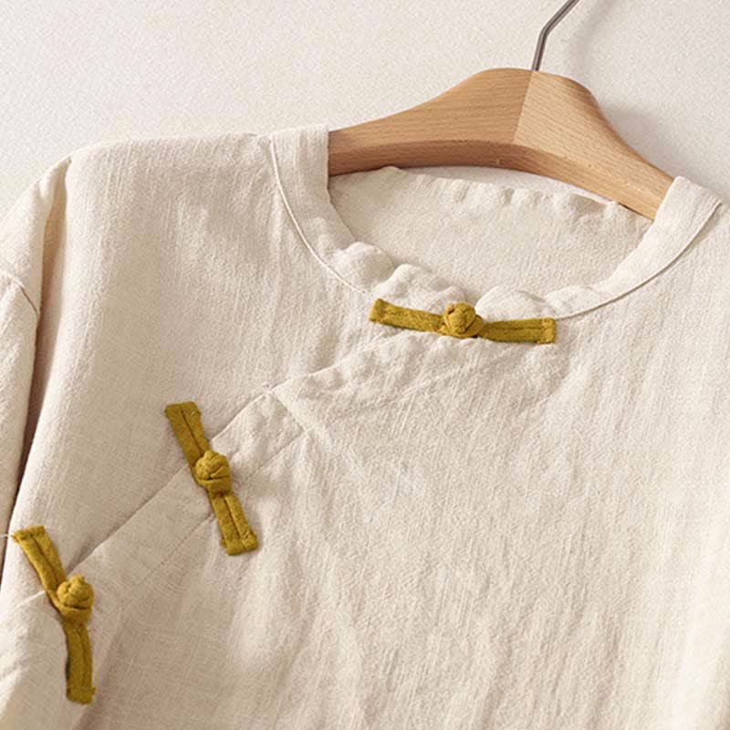 Nimara Ritual Spring Frog-Button Knee Length Cotton Women's Short Sleeve Dress With Pockets