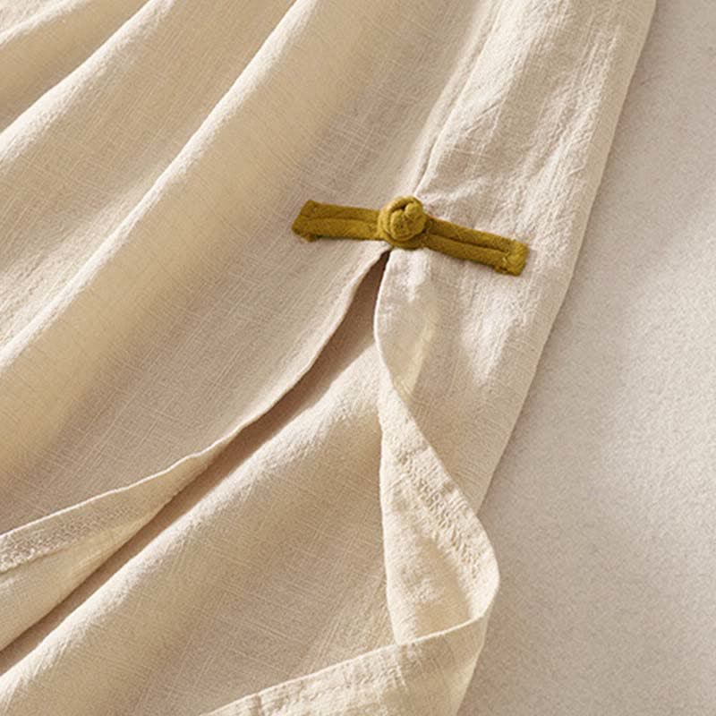Nimara Ritual Spring Frog-Button Knee Length Cotton Women's Short Sleeve Dress With Pockets