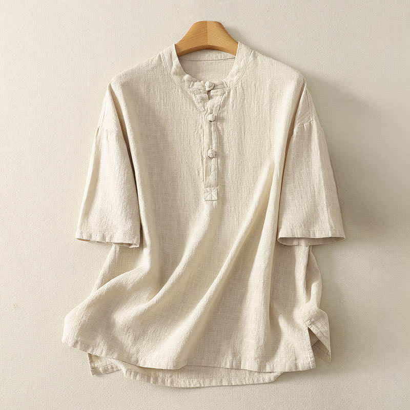 Nimara Ritual Summer Stand Collar Buttons Cotton Women's Short Sleeve Shirt
