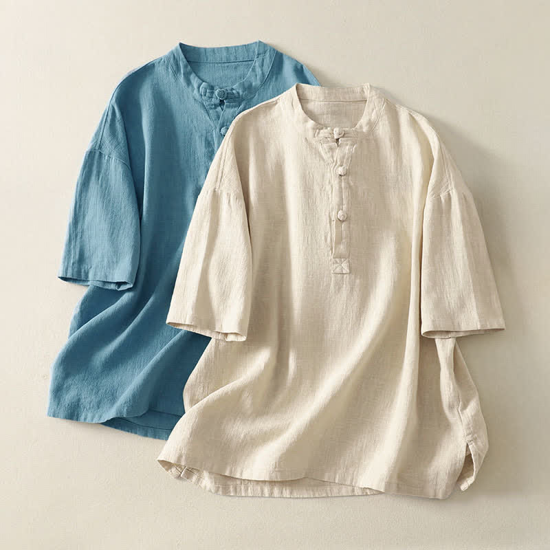 Nimara Ritual Summer Stand Collar Buttons Cotton Women's Short Sleeve Shirt