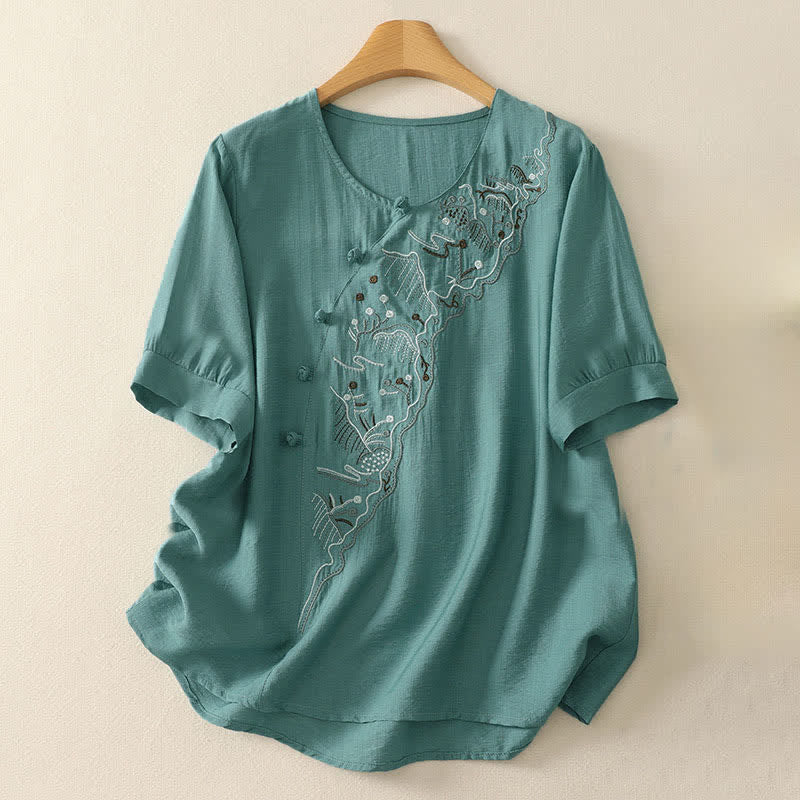 Nimara Ritual Summer Mountain Embroidered Crew Neck Women's Short Sleeve Shirt